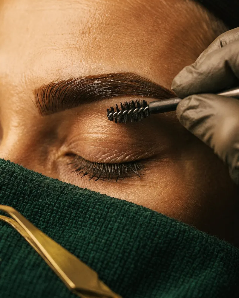 Close-up of a brow appointment: a gloved hand brushes a client's eyebrow into shape with a spoolie while her eyes are closed.