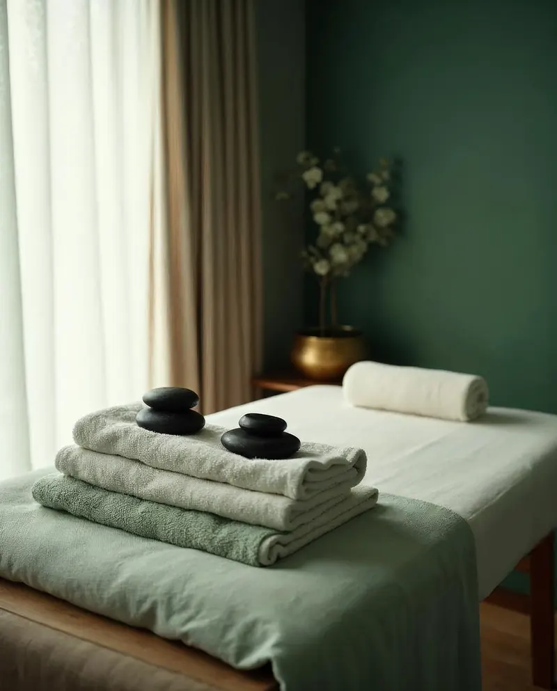 A quiet massage room: folded towels topped with smooth black stones on a treatment table, soft light from the window.